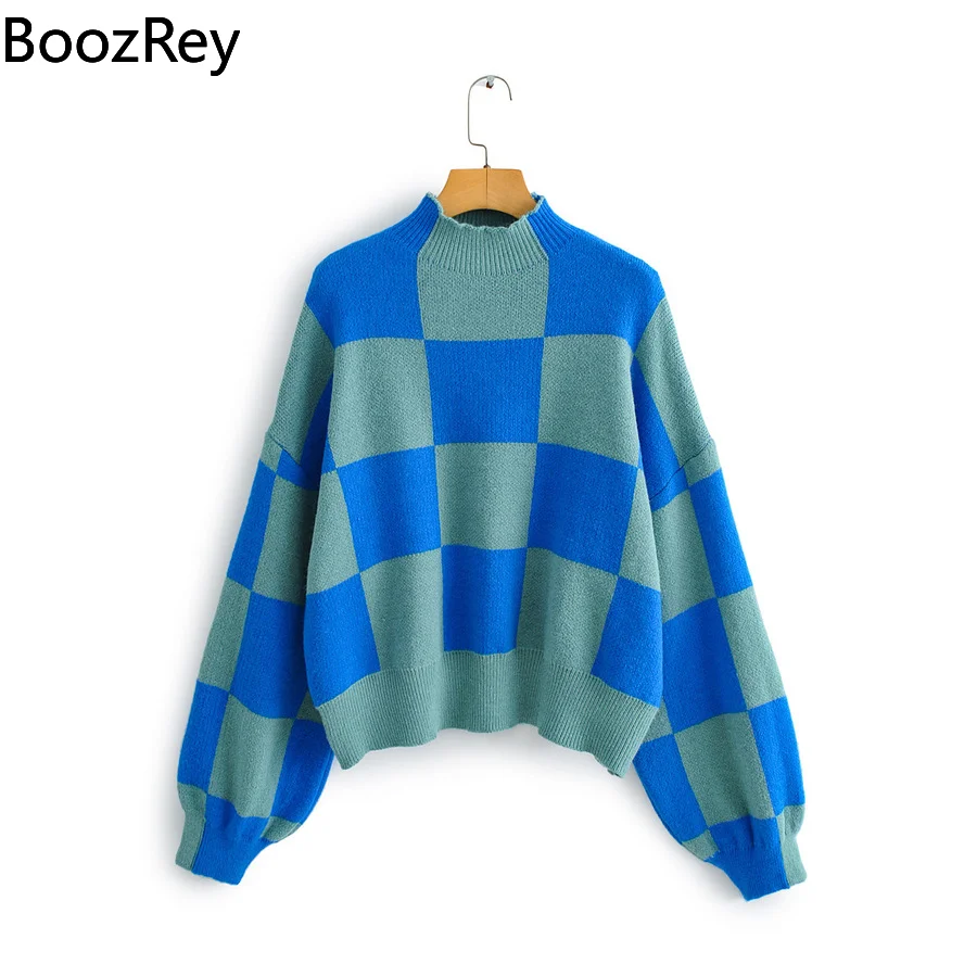 

BoozRey Women Knitted Sweater Jumper Lattice Print Pullovers Chic Half High Collar Long Sleeve Winter Clothes Women Sweaters
