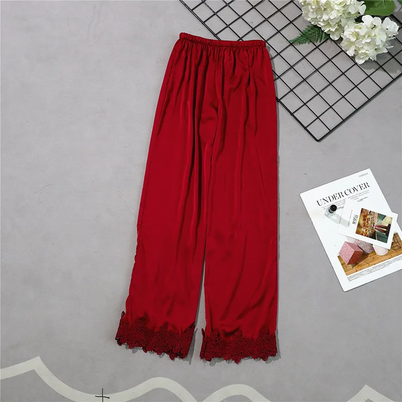 Женские длинные штаны Красного цвета Повседневная шелковистая домашняя одежда