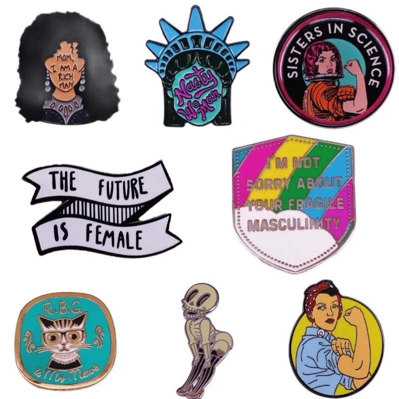 

Excellent Quality Feminist Rose Fist Brooch Enamel Pins Metal Fashion Jewelry Cat Lapel Pins Badge Accessories Gift For Women