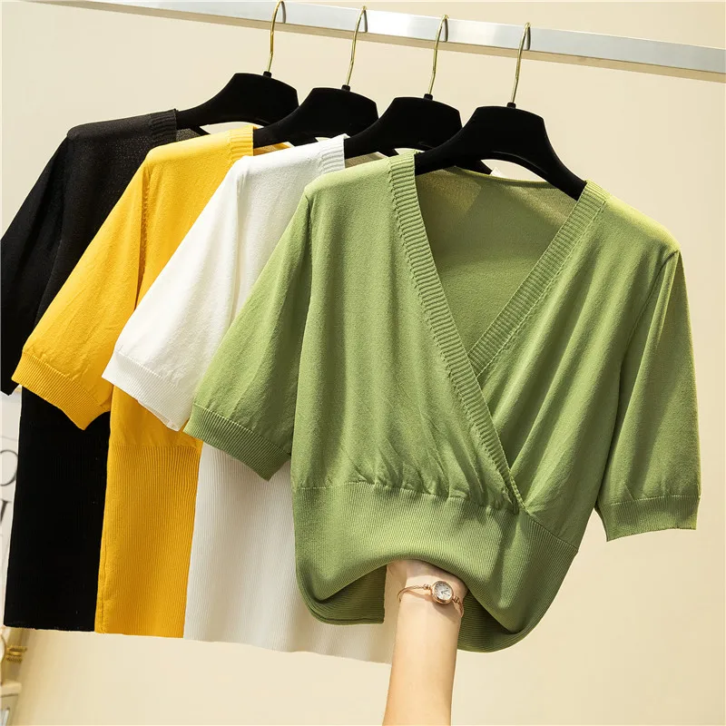 

2021 Summer Women Short Sleeve V-Neck Knitted Pullover Sexy Slim Sweaters Lady Thin Short Elastic Cross Polyester Chic Coat Tops