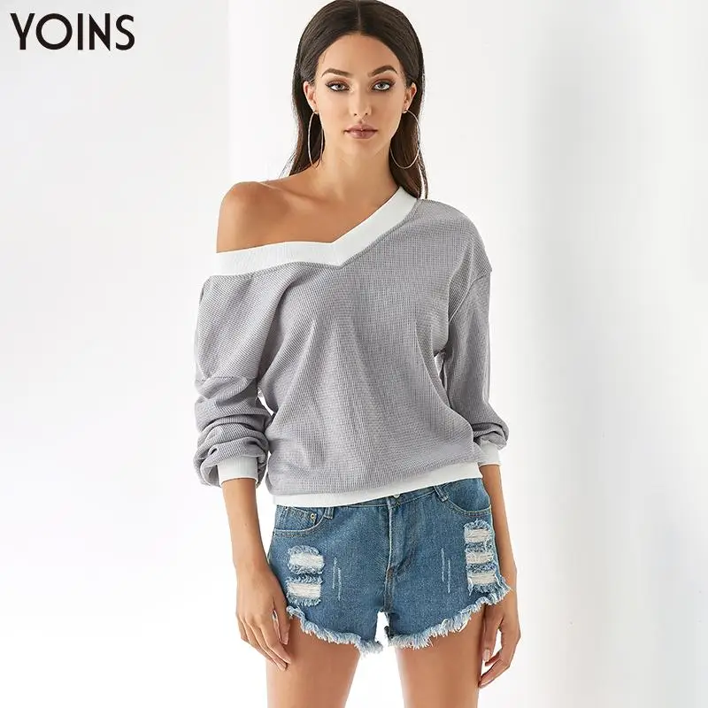 YOINS Лоскутная Сексуальная толстовка с глубоким v образным вырезом на одно плечо