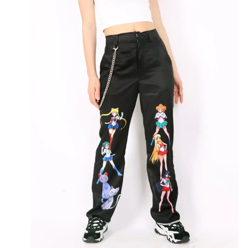 Anime Pretty Guardian Sailor Moon Print Women Trousers Loosen Long Pants Mid Waist Pant Female Harajuku Hip Hop Punk Streetwear