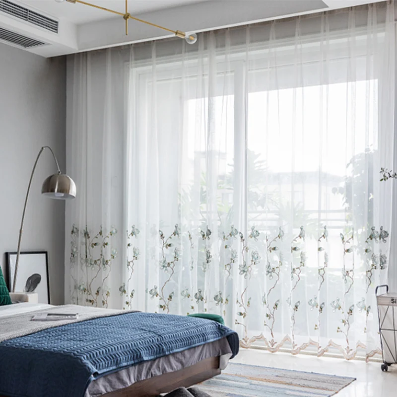 Элегантные тюлевые шторы с голубыми цветами и вышивкой для гостиной легкие