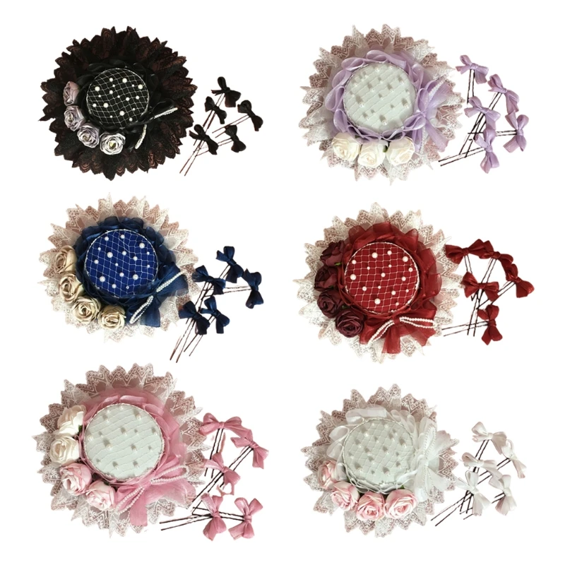 

Lolita Handmade Headdress Fashionable Flower Pearl Lace Ribbon Bead Chain Hair Clip Hat Elegant Party Cap