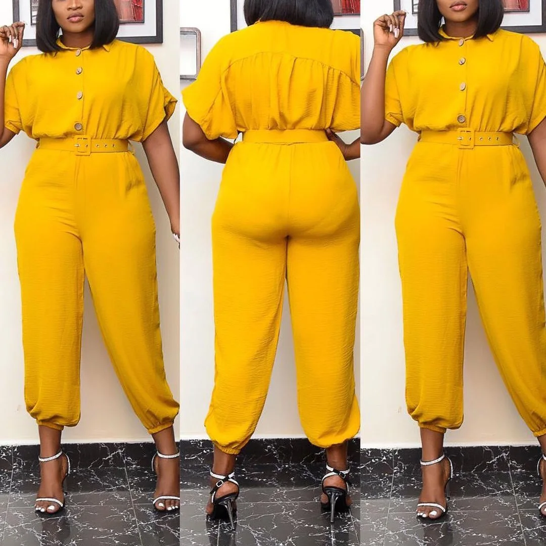Fashion Women Summer Solid Color Jumpsuits 2021 Yellow Green High Waisted Loose Formal Office Ladies Rompers & Jumpsuits Work OL