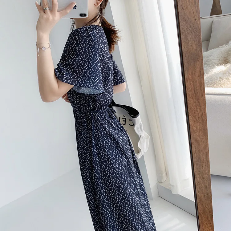 

2020 New Women Cotton Vintage Summer Midi Dress Short Butterfly Sleeve V Neck Side Waist Zipper A-line Long Dresses