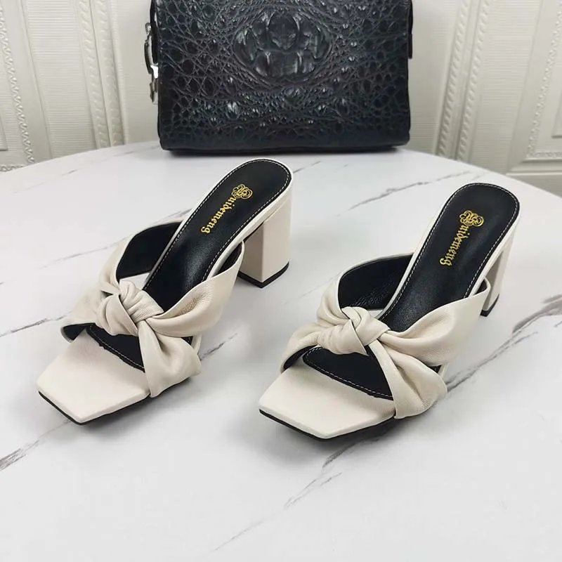 

2021 Summer Black High Heeled Genuine Leather Shoes For Women Designer Thick Heels Bowknot Square Slippers