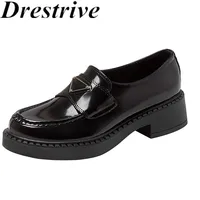 Drestrive Brand 2022 New Luxury Women's Pumps Round Toe Cow Leather Platform Thick Mid Heels Black Casual Shoes Loafers School