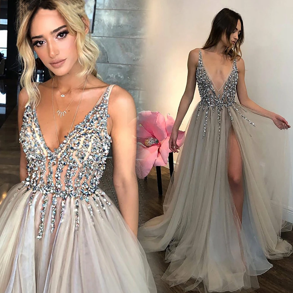 

V-Neck Sexy Crystal Beading Prom Dress Pleating Split Front Open Back Evening Dress Latest Design vestidos de novia