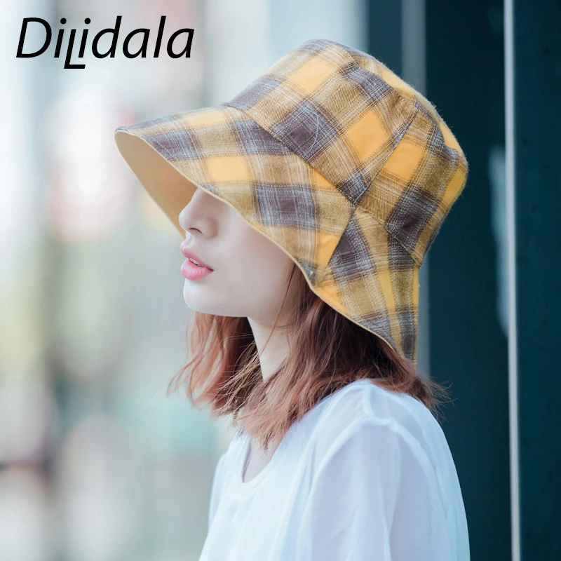 Dilidala Двусторонняя клетчатая тканевая Рыбацкая шляпа Повседневный