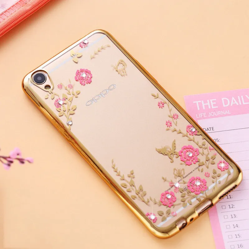 Чехол с цветами и стразами для OPPO F5 A73 A33 A37 A53 A57 A59 A77 F1S R7 R9 R11 Plus A83 F3 F7 F9 A3 A5 R17 Pro