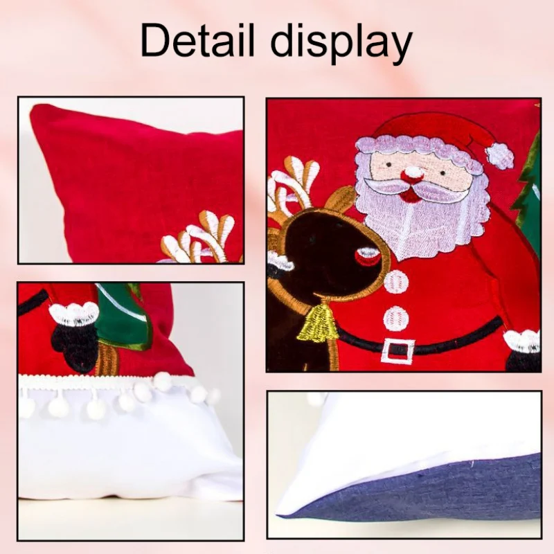 Xmas Embroidered Decorative Pillowcase With White Pom Balls Christmas Throw Pillow Cover Cushion Case 112G | Дом и сад