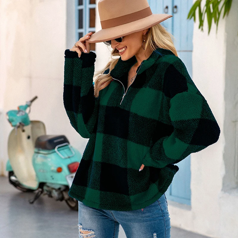 

Long Sleeve Loose Harajuku Sweatshirt Women's Casual Pullover Retro Plaid Top Street Autumn Winter High Neck Zipper h Hoodie