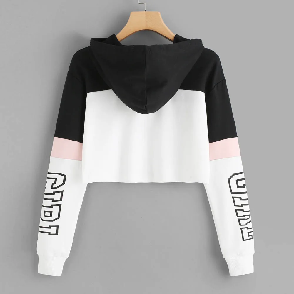 Fashion Women Hoodies Printing Long Sleeve Casual Short Hooded Sweatshirt Girl Patchwork Pullover Tops Female clothes толстовка |