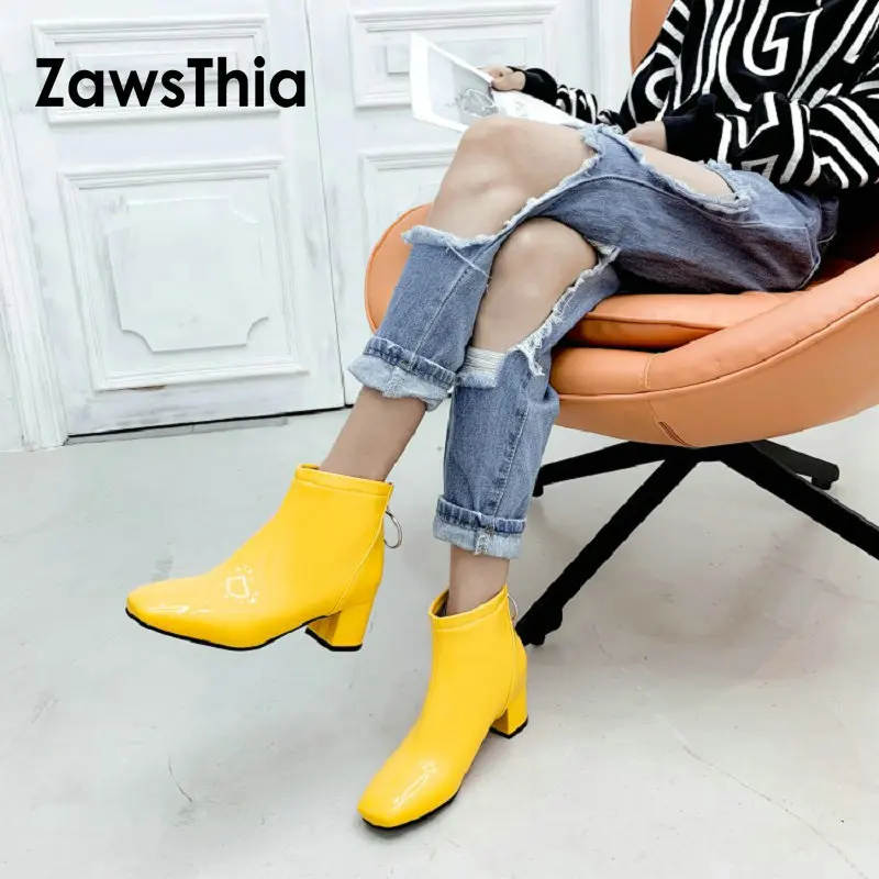 ZawsThia/ г. Зимние женские ботильоны из лакированной искусственной кожи желтого, белого, розового и красного цветов женские Ботинки martin на среднем квадратном каблуке Размеры 33-51