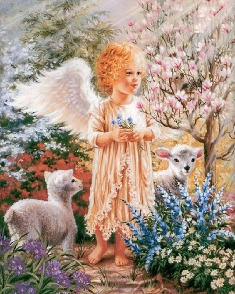 

DIY 5D Diamond Mosaic Angel With Sheeps Handmade Diamond Painting Cross Stitch Kits Diamond Embroidery Patterns Rhinestones