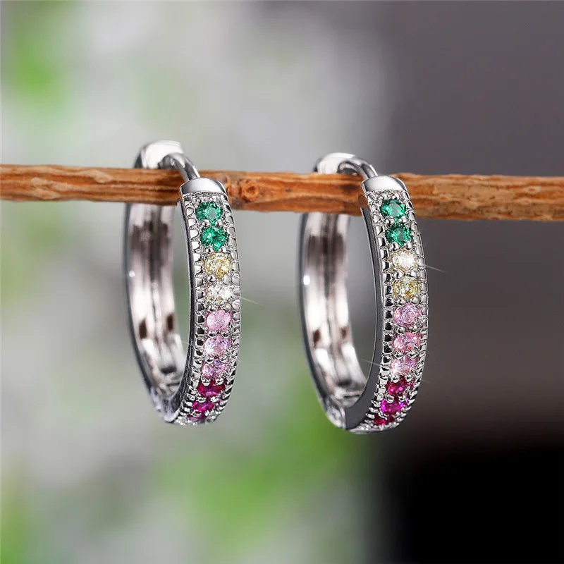 

Exquisite Rainbow Hoop Earrings for Women Multicolored Round Zircon Fashion Silver Cute Girl Gift Trendy 2021