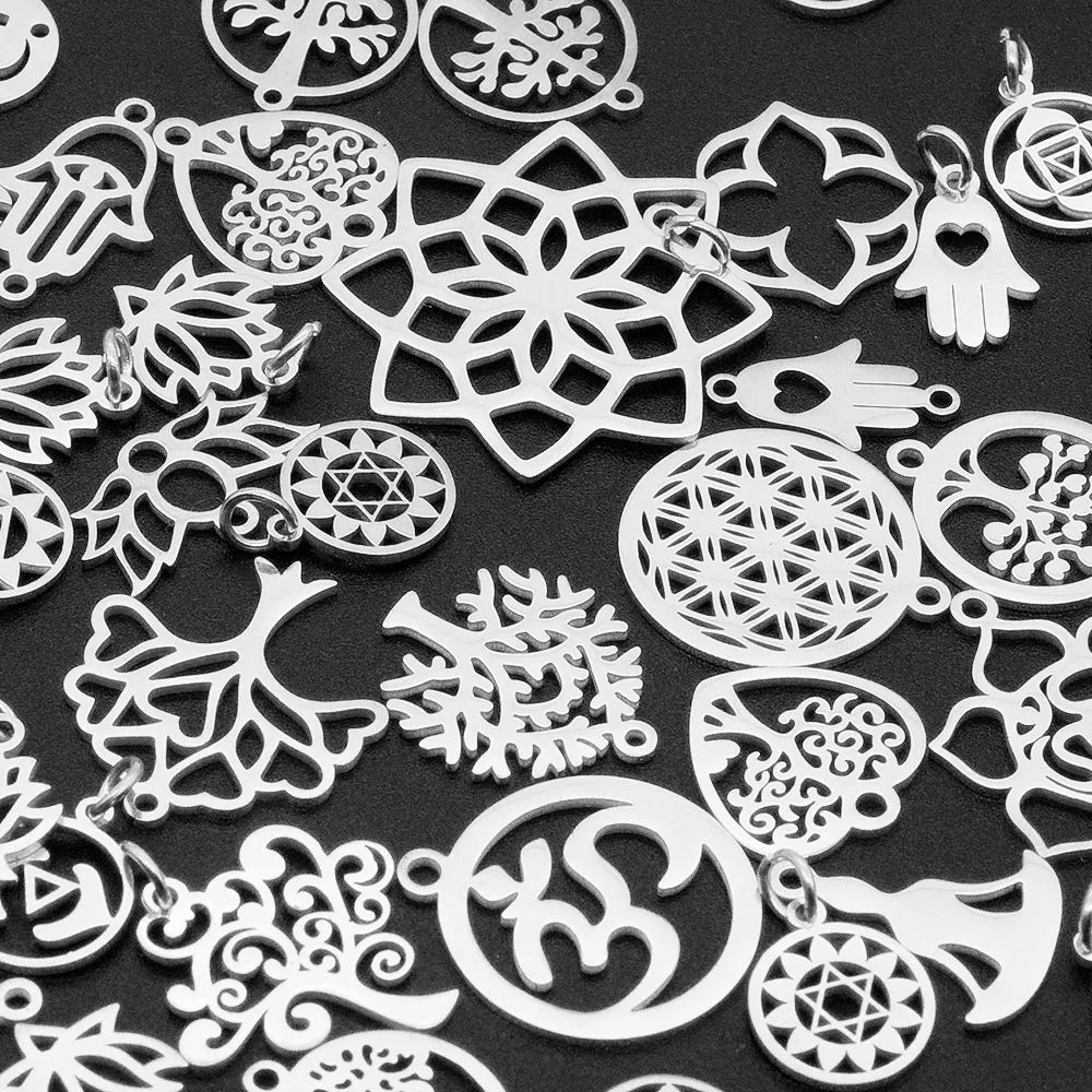 

50pcs/lot Mix Designs Stainless Steel Yoga Lotus OM DIY Pendant Charms Connector Wholesale Jewelry Necklace Making Never Fade