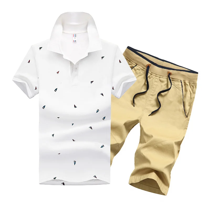 White Khaki FK082 Летняя мужская рубашка поло с коротким рукавом, поло в горошек+ шорты, мужской костюм из Джерси, дышащий комплект из 2 предметов, топ и шорты, спортивные костюмы для мужчин - Цвет: White Khaki FK082