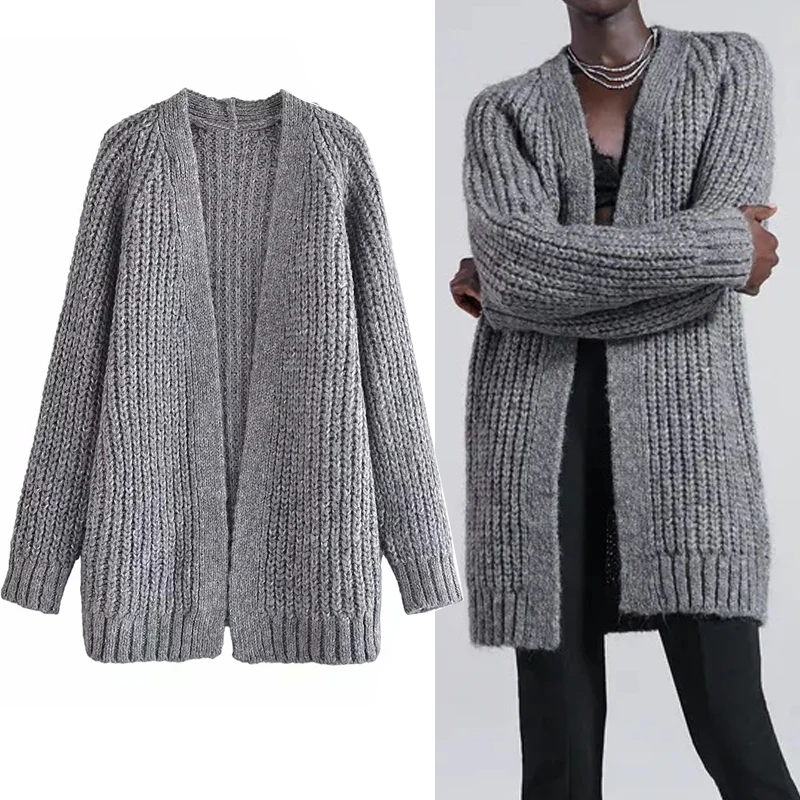 

Женский длинный кардиган в рубчик TRAF, серый вязаный кардиган оверсайз с длинным рукавом, зеленый кардиган на осень-зиму 2021