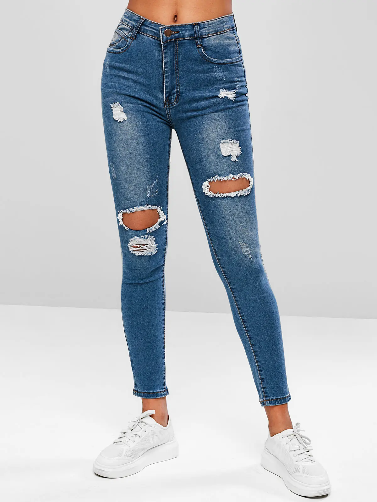 ZAFUL потертые узкие джинсы на молнии с карманами женские повседневные