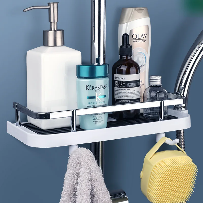 

Bathroom Storage Rack with 360 Degree Rotate Hooks Shampoo Tray Stand No Drilling Lifting Rod Shower Head Holder Organizer