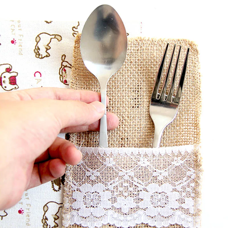 Вилки для ножей из Сумка посуды джутовой мешковины лента с кружевом винтажные