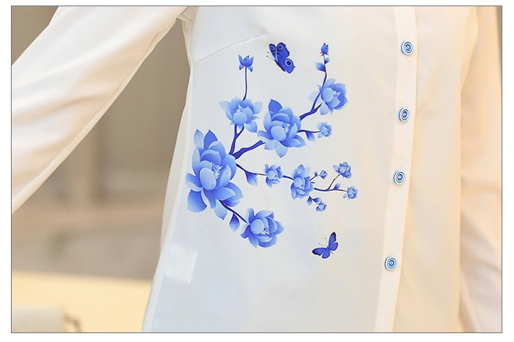 

Long Sleeve Blue butterfly Flower Print Blouse Women 2020 Summer fall Top Elegant Work Office Plus Size Shirt White Blouse 53H