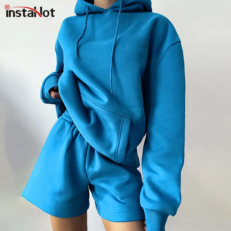 

InstaHot женский однотонный комплект из двух предметов, осень 2021, толстовки с капюшоном, шорты с эластичной резинкой на талии, базовый уличная о...