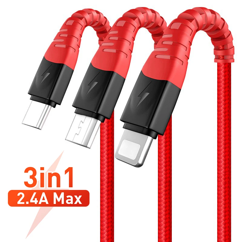 

2 цвета черный + красный 3 в 1 USB-кабель для iPhone 12 11 Pro Micro USB Тип C 2.4A провод для Xiaomi Samsung S9 шнур для быстрой зарядки