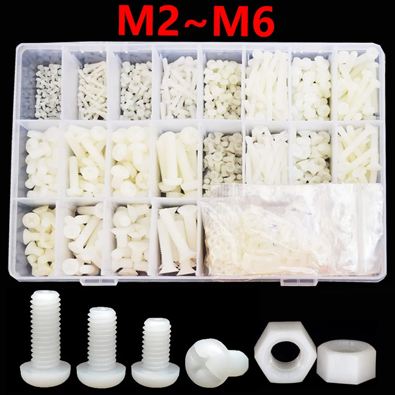 Plastic Machine screw nut washer  box, m2, 5, m3, m4, m5, m6, white, nylon, round screw set Nylon screw classification box