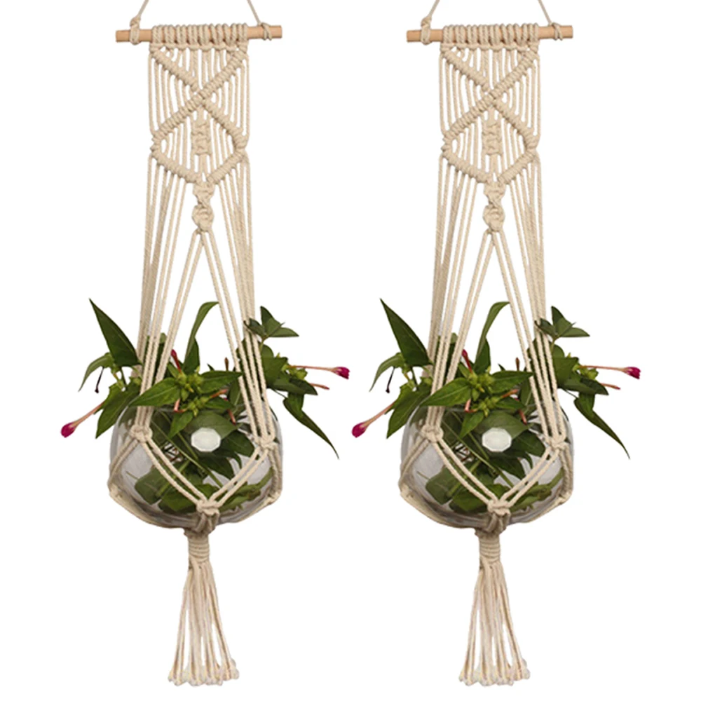 

2-pack Macrame Plant Hanger Indoor Outdoor Hand-woven Cotton Hemp Flower Pot Hanging Rope Hanging Balcony Flower Basket Net Bag