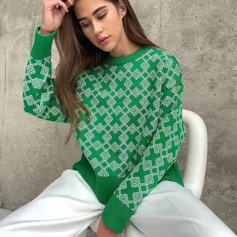 

Women Checkered Print Knitted Sweater Pullovers Female Casual O Neck Tops Spring Autumn Fashion Long Sleeve Jumpers Jersey Mujer