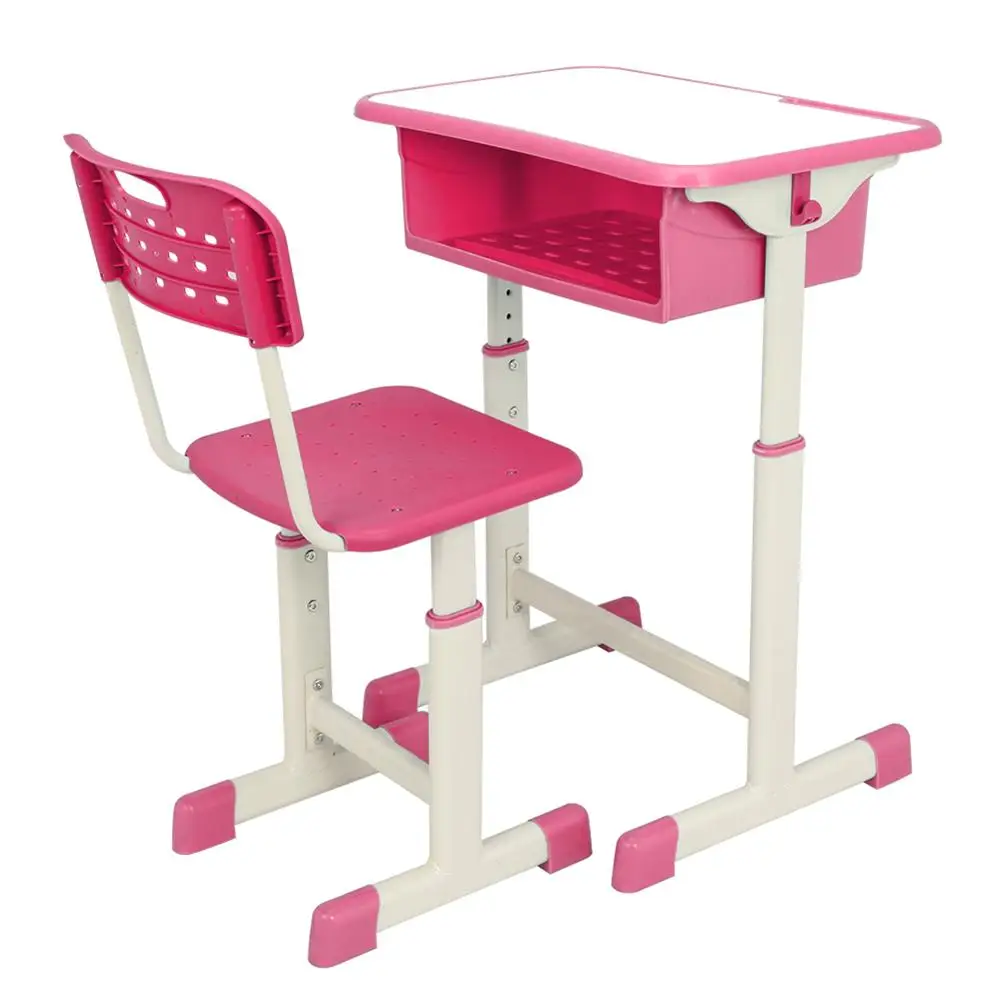

Adjustable Student Desk and Chair Kit Pink with Hanging Hooks for Students Books and Schoolbags Pencil Groove