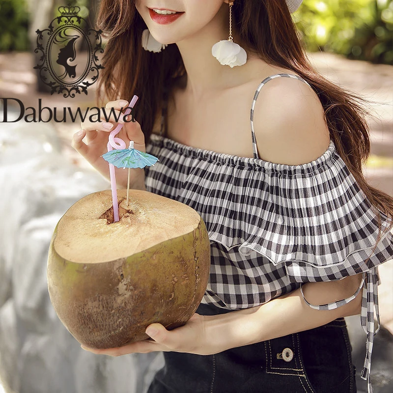 

Dabuwawa Women Sexy Chiffon Shirts Summer Black White Plaid Ruffled Clamis Tops Off-Shoulder Blouse D18BCF007