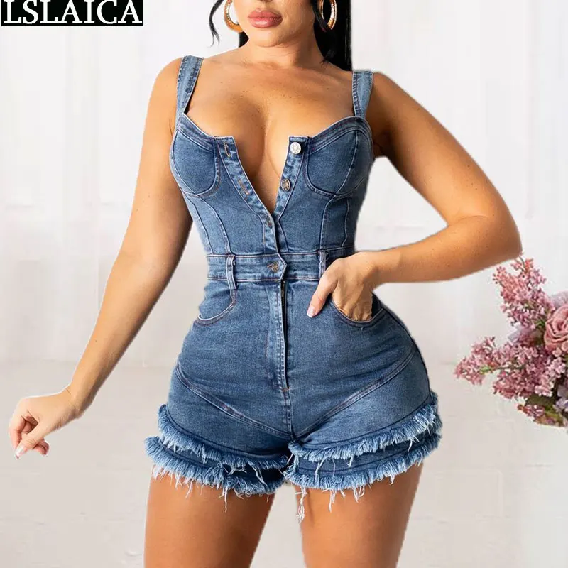 

Female Clothing Overalls Jeans Denim Summer Button Pockets Tassel Design Jumpsuit Female 2021 Fashion Casual Slim Sling Romper