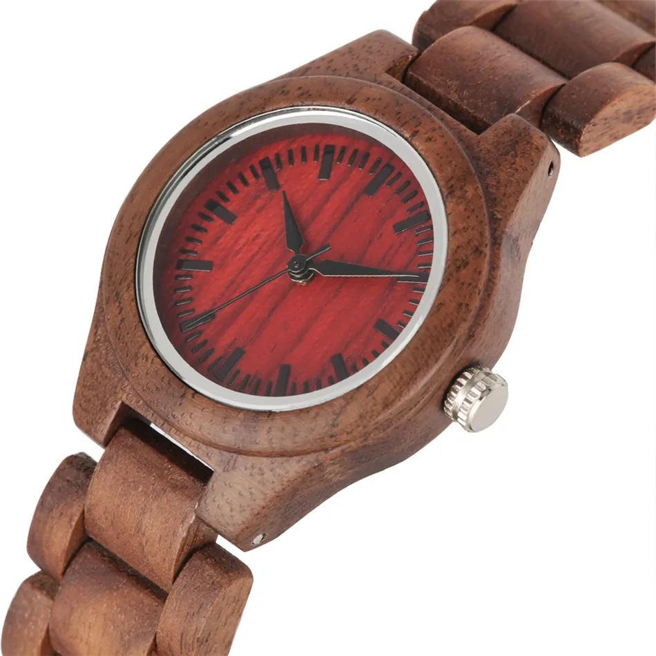 

REDFIRE Elegant Walnut Wood Red Dial Women's Full Wooden Bangle Wrist Watches Folding Clasp Natural Wood Women's Timepiece