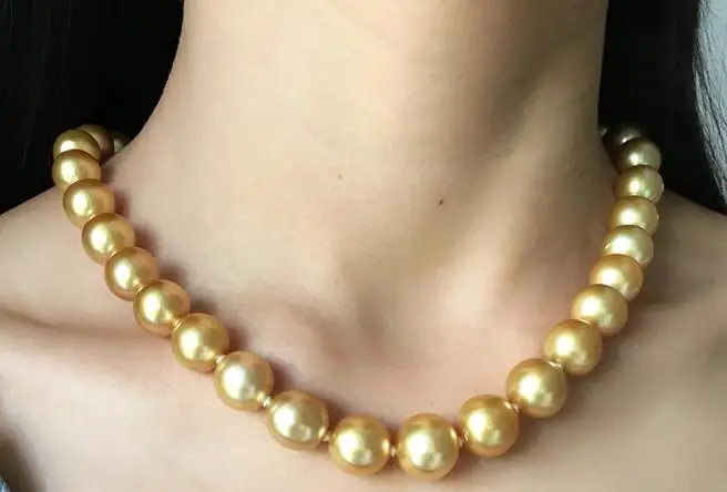 للبيع رائع 12-14 مللي متر جنوب البحر جولة الذهب اللؤلؤ قلادة 18inch 14k