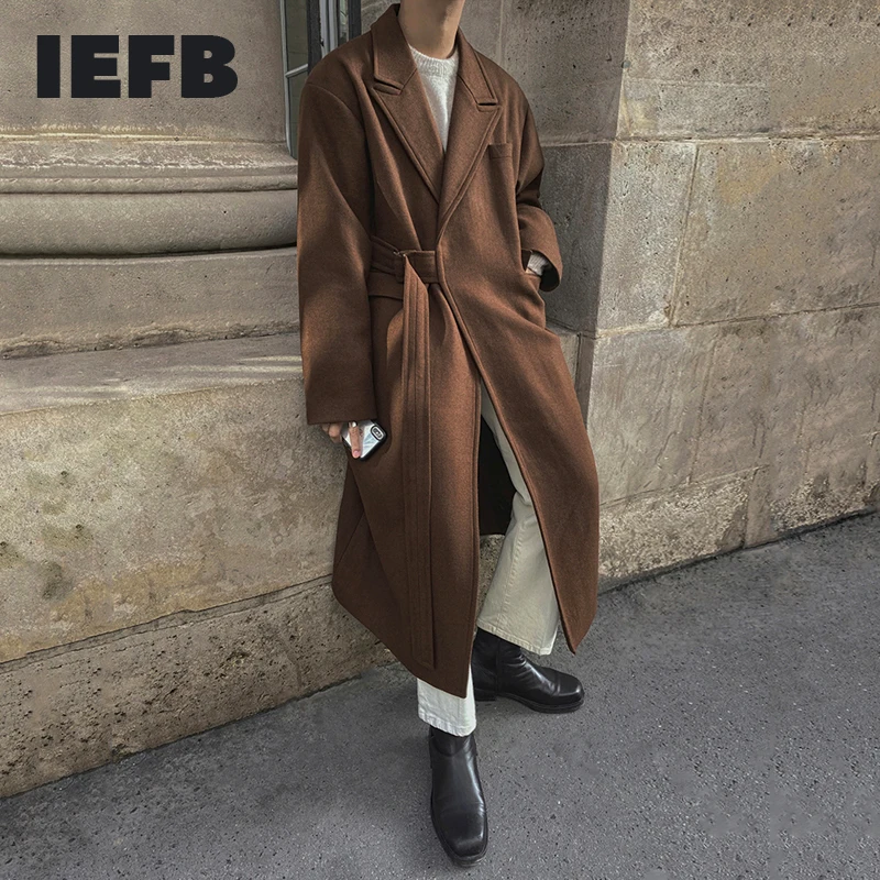 IEFB Men's Woolen And Mixtures Coat Autumn Winter Mid Long Thickened Korean Trend Loose Overcoat Male New Bandage Waist