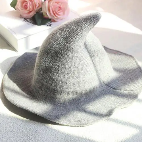 Light Gray Модная однотонная вязаная шерстяная шапка с широкими полями, шапка ведьмы, рождественский подарок - Цвет: Light Gray