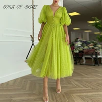 deep v neck tea length prom gown green puff sleeves pleats dotted tulle split homecoming dresses buttons custom made party gown