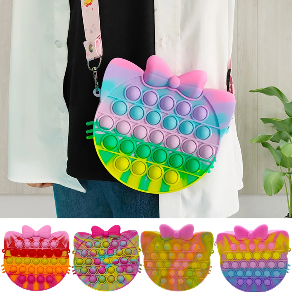 

Новинка, популярная сенсорная силиконовая сумка для хранения в виде радужной кошки с пузырьками, кошелек для монет, игрушка-антистресс, под...