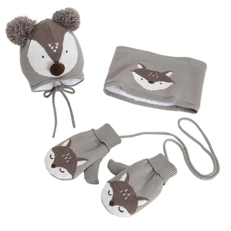 

Infant Baby Winter Knit 3Pcs Beanie Hat Scarf Gloves Set Cartoon Animal Pompom Earflap Cap Plush Lined Neck Warmer 6-12M