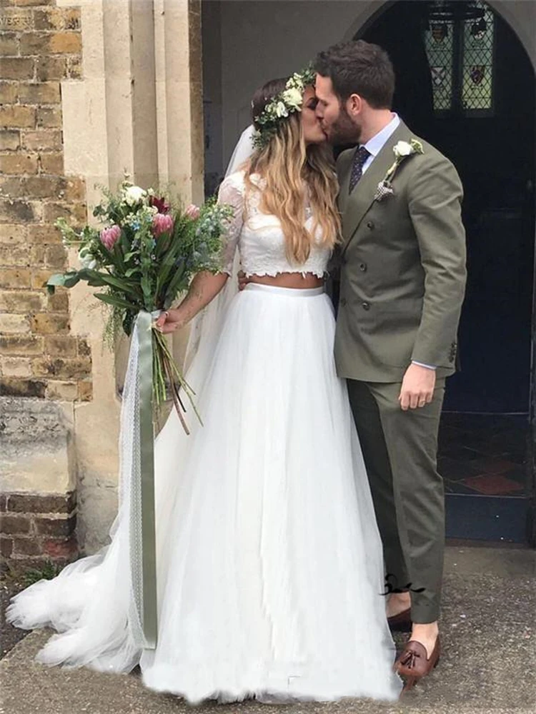 

Two Pieces Wedding Gowns Bohemian Lace Top Half Sleeve Deep V Back A Line Boho Bride Dresses Garden Outdoor Wedding Modern