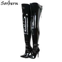 sorbern unisex 12cm high heel boots women lockable zipper back stilettos mid thigh high boot hard shaft ankle strap pointed toe