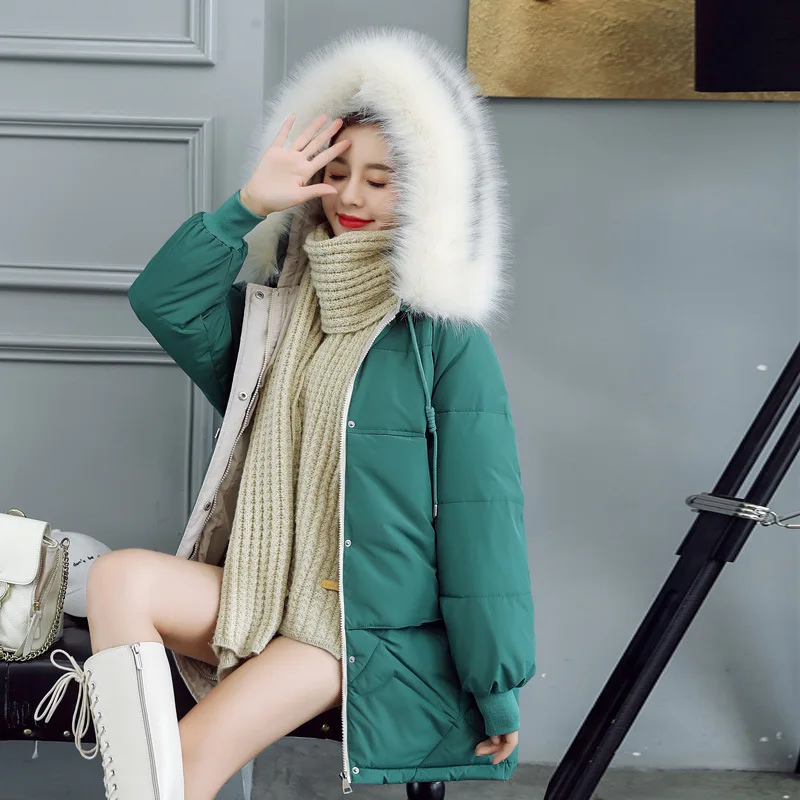 

Women's 2020 Big Fur Collar Cotton Coat Women Korean Padded Coat Mid-length Casual Hooded Winter Plus Size Cotton Clothing E230