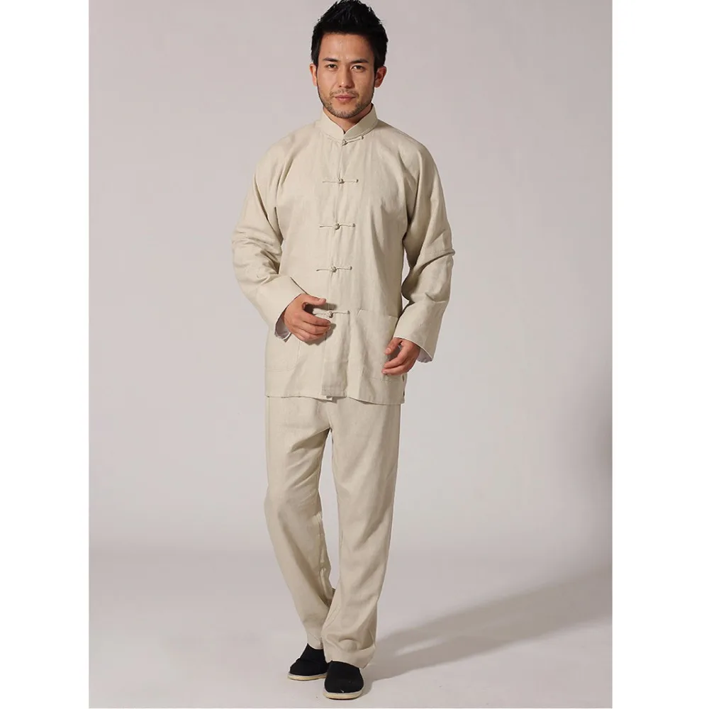 Chinese Men's Solid Jacket&Trousers Kung Fu Suit Casual Clothing High Quality Cotton Linen Wu Shu Tai Chi Sets
