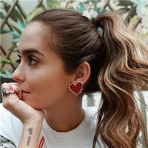 AOMU Vintage Lovely Exaggeration Red Heart Pendant Earring S925 Sterling Silver Pin Drop Dangle Earring For Women Jewelry Set
