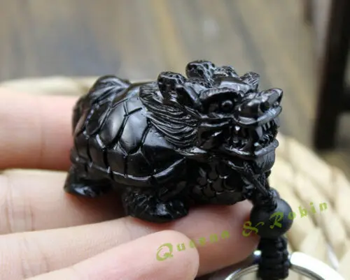 

Black Wood Three Dimensional Hand Carved Chinese Dragon Turtle Pendant Key Chain