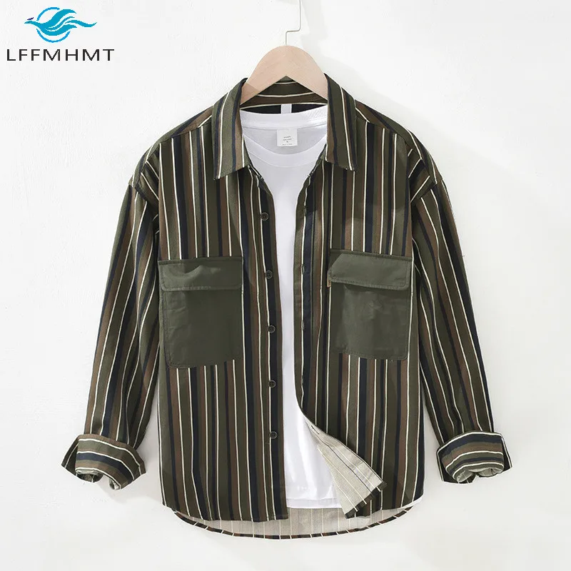 

Men Autumn Fashion High Quality Long Sleeve Lapel Double Pockets Harajuku Japan Style Classical Striped Corduroy Vintage Shirts